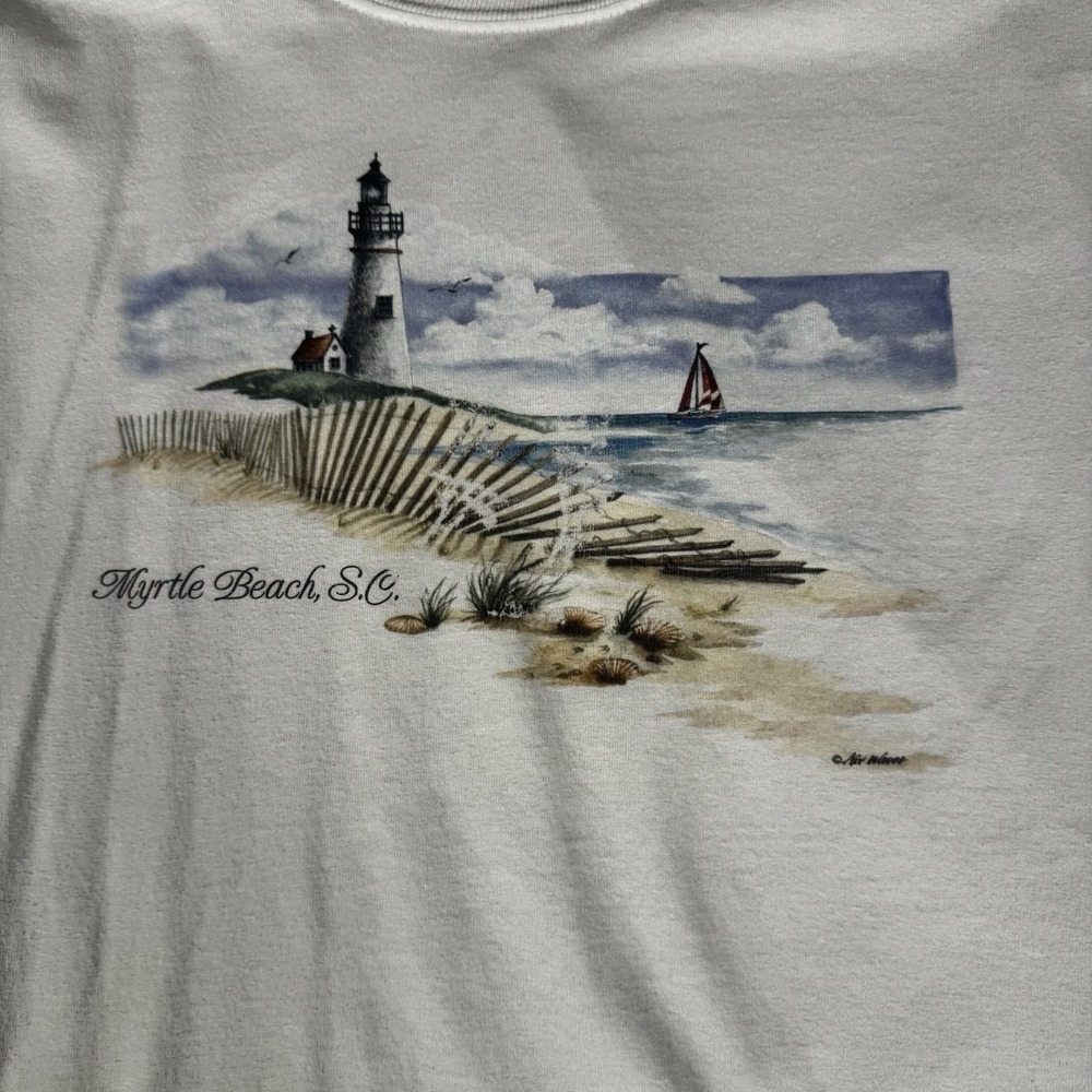 Vintage Myrtle Beach SC T Shirt White Watercolor Lighthouse Sailboat Beach Scene - Picture 2 of 8